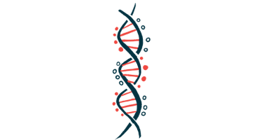 An illustration depicts a strand of DNA, pictured vertically.