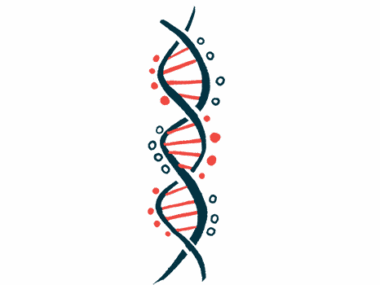 An illustration depicts a strand of DNA, pictured vertically.