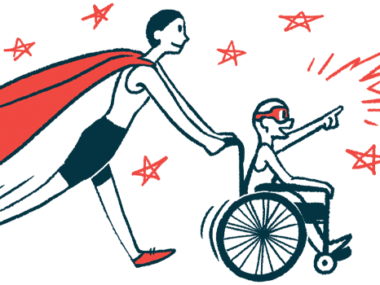rare disease clinical trial participants | Pulmonary Fibrosis News | Illustration of woman in cape pushing child in wheelchair