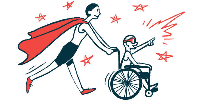 rare disease clinical trial participants | Pulmonary Fibrosis News | Illustration of woman in cape pushing child in wheelchair