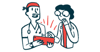 Ofev Esbriet may lower mortality in IPF | Pulmonary Fibrosis News | illustration of two doctors with tablet consulting
