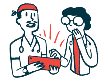 Ofev Esbriet may lower mortality in IPF | Pulmonary Fibrosis News | illustration of two doctors with tablet consulting