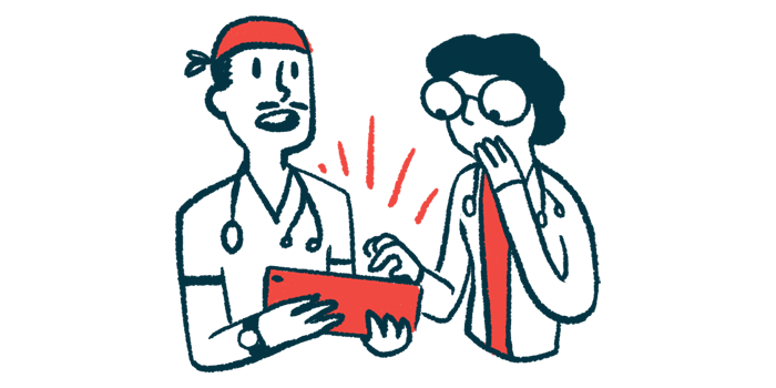 Ofev Esbriet may lower mortality in IPF | Pulmonary Fibrosis News | illustration of two doctors with tablet consulting
