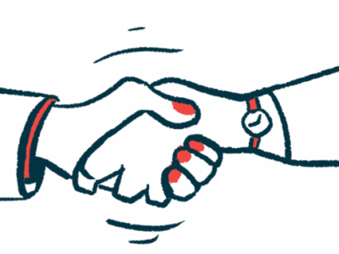 An illustration shows a close-up view of two hands clasped together in a vigorous handshake.