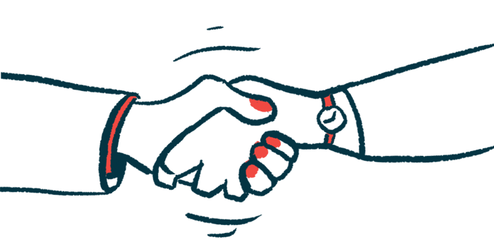 An illustration shows a close-up view of two hands clasped together in a vigorous handshake.