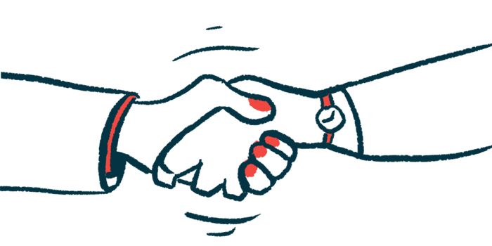 An illustration shows a close-up view of two hands clasped together in a vigorous handshake.