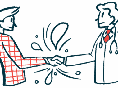 An illustration showing two people shaking hands.