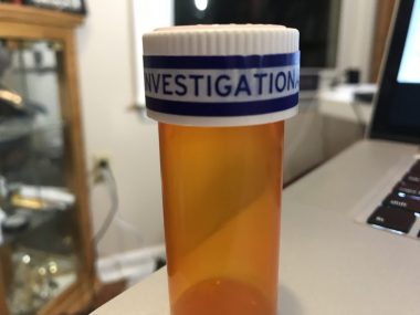 clinical trials | Pulmonary Fibrosis News | A closeup of a pill bottle labeled "Investigational New Drug" from a trial columnist Sam Kirton was enrolled in. 