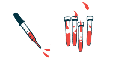 A dropper squirts blood alongside several vials of blood.