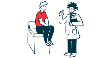 A doctor talks to a patient who sits on the end of an examination table.