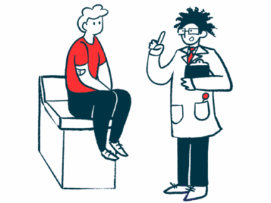 A doctor talks to a patient who sits on the end of an examination table.