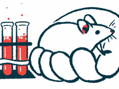 An oversized hand holds a mouse alongside a rack of filled vials.