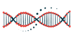 A close-up illustration of a DNA strand highlights its double-helix structure.