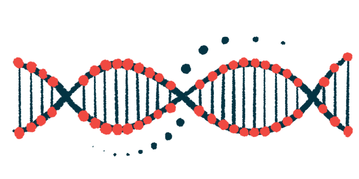A close-up illustration of a DNA strand highlights its double-helix structure.