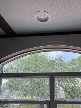 living with pulmonary fibrosis | Pulmonary Fibrosis News | A large, arched window reaches up toward the ceiling of a room in Ann's home, and looks out at a lush green lawn, tree, and sky.