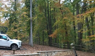 A white truck is parked near a fence, on the other side of which is a forest of trees. The leaves are mostly green, but some are beginning to turn red and gold. The ground is covered in fallen leaves.
