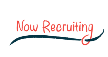 The words 'Now Recruiting,' seen in red letters, are underlined by a thick black curving line.