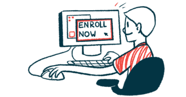 An illustration shows a person using a computer with the words 'enroll now' on the monitor screen.