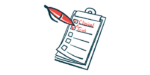 Illustration of a clipboard with a red pen writing the words 