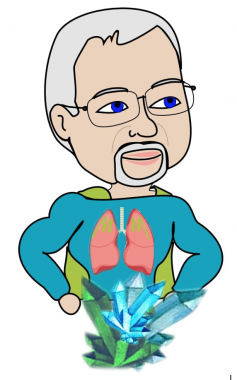 Graphic art shows a cartoon figure of a gray-haired, bespectacled white man with blue eyes, and wearing a teal blue superhero outfit with a green cape. His frame is muscular and he has his fists on his hip in a defiant manner, as he looks to his left. A pair of lungs is seen on his chest, like a superhero logo. 