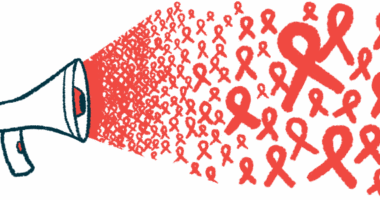 A megaphone cone is seen blasting out dozens of red awareness ribbons.