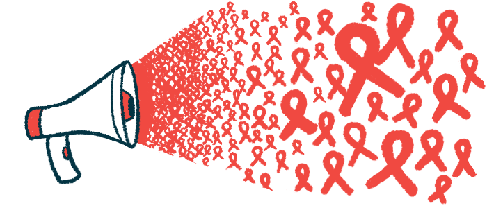 A megaphone cone is seen blasting out dozens of red awareness ribbons.