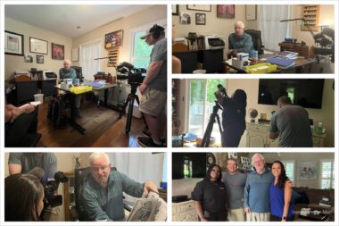 A collage of five photos shows a television news crew in a couple's home shooting interviews for a TV news segment.