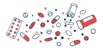 An illustration of oral medications shows a scattering of capsules and tablets alongside prescription medication bottles.