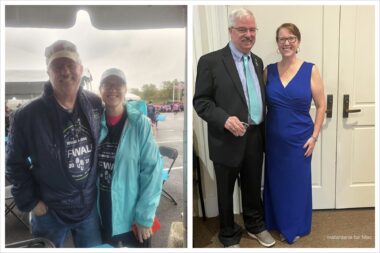 A photo stitch of two mostly vertical photos; the left one shows an older couple (husband and wife) taking shelter from the rain under an outdoor tent. The photo quality isn't very good, but it shows a man with a tan baseball hat and dark rain jacket and blue jeans, and a woman with an aqua blue rain jacket and baseball hat. The same couple is pictured in the second photo dressed up in a dark suit and light blue tie and a blue evening dress.