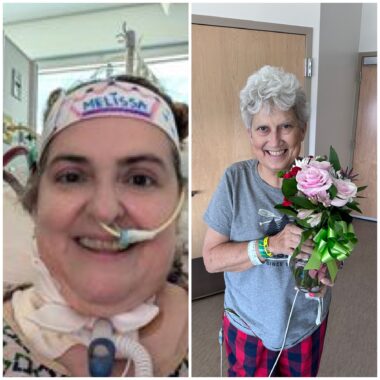 In the photo at left, a woman with short dark hair appears to be in a hospital; she wears a white headband with blue embellishments, including the name "MELISSA" surrounded by the shape of a red crown. She has a tracheotomy tube and a nose clip. In the photo at right, an older woman with gray hair, a gray T-shirt, and what appear to be red- and-blue-check pajama bottoms holds some white and pink roses adorned by a green ribbon.