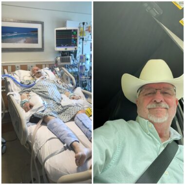 Two images are shown side by side as a "then and now" comparison. On the left, a man lies in a hospital bed. He is intubated and hooked up to numerous medical devices as he recovers from a bilateral lung transplant. On the right, the same man smiles for a selfie in his car. He's wearing a green collared shirt, a Stetson hat, and glasses, and looks to be doing well.