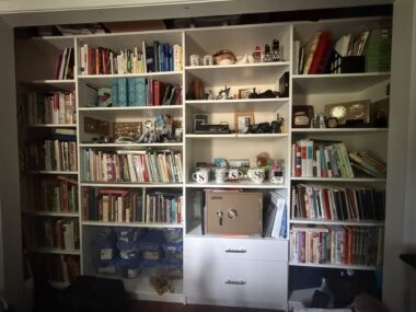 A wall bookshelf stocked with books and other objects is shown in this photo.