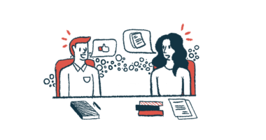Two people sitting at a conference table with books and documents in front of them are seen holding a discussion, as evidenced by speech bubbles.