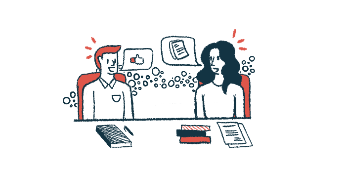 Two people sitting at a conference table with books and documents in front of them are seen holding a discussion, as evidenced by speech bubbles.